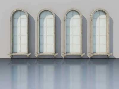 Arched White Pane Casement Doors On Gray Wall With Sills And Reflective Floor 3d model
