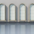 Arched White Pane Casement Doors On Gray Wall With Sills And Reflective Floor