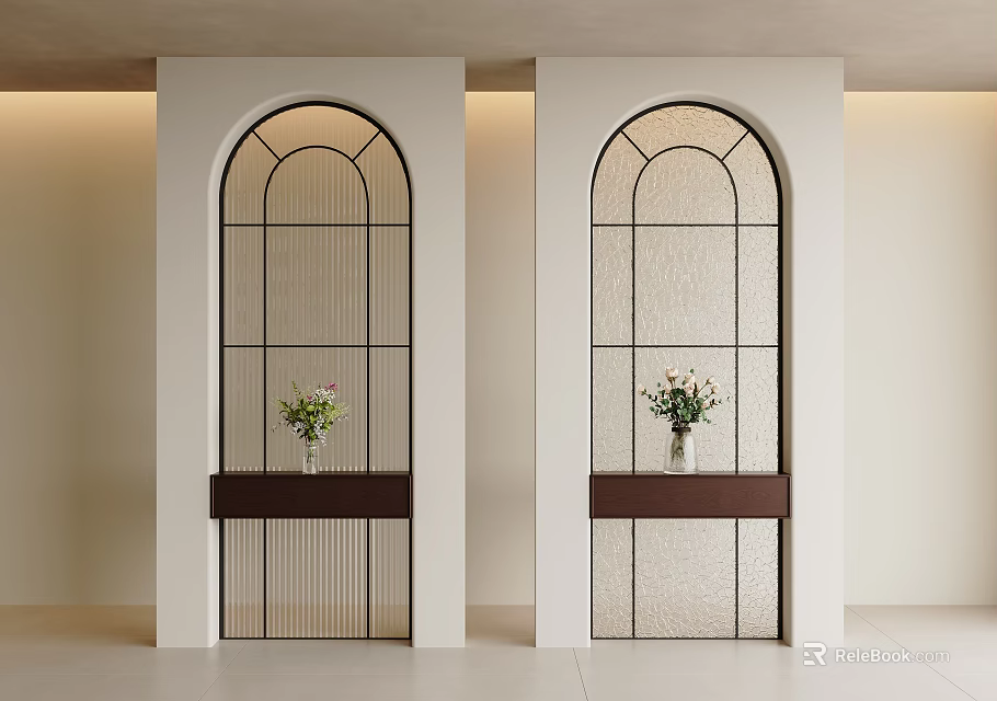 Modern Arched Glass Room Divider With Metal Frame And Flower Vase Decor 3d model 