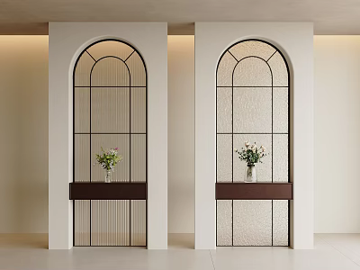 Modern Arched Glass Room Divider With Metal Frame And Flower Vase Decor 3d model