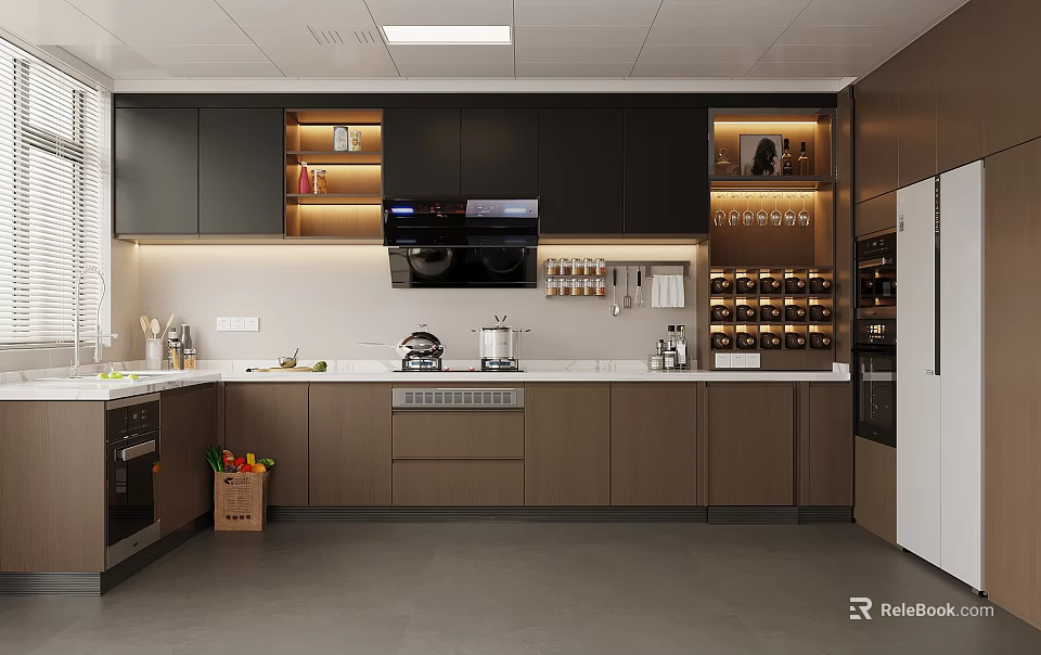 Modern Kitchen Interior With Dark Brown Cabinets White Countertop Recessed Lighting And Appliances 3d model 