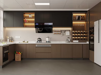 Modern Kitchen Interior With Dark Brown Cabinets White Countertop Recessed Lighting And Appliances 3d model
