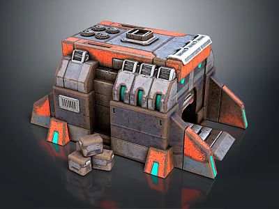 Sci Fi Mechanical Structure With Orange Gray Body Green Accents And Small Blocks 3d model