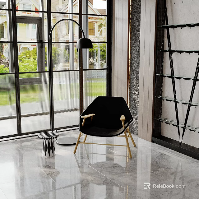 Stylish Black Armchair With Golden Legs In Modern Interior With Marble Floor And Large Window 3d model 