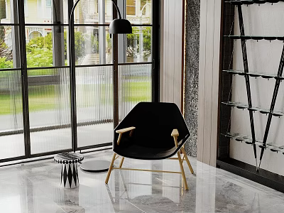 Stylish Black Armchair With Golden Legs In Modern Interior With Marble Floor And Large Window 3d model