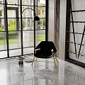 Stylish Black Armchair With Golden Legs In Modern Interior With Marble Floor And Large Window