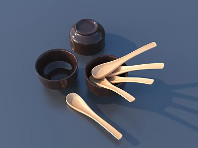Set Of Brown Ceramic Bowls And Wooden Spoons Kitchen Cooking Utensils 3d model