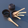 Set Of Brown Ceramic Bowls And Wooden Spoons Kitchen Cooking Utensils