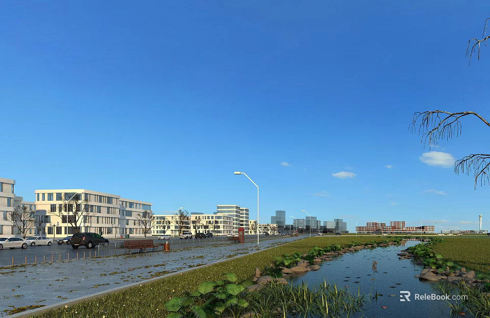 Modern Industrial Factory Building Featuring Pond Street Lights Greenery And City Skyline Under Clear Sky 3d model 