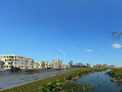 Modern Industrial Factory Building Featuring Pond Street Lights Greenery And City Skyline Under Clear Sky 3d model