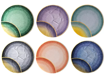 Round Area Rug In Green Purple Gray Orange Blue With Crackle Texture And Gold Trim 3d model
