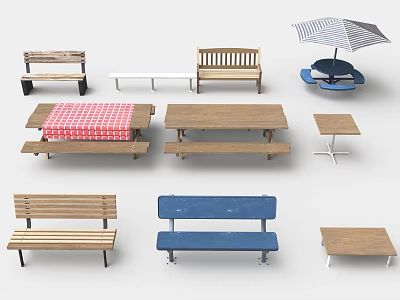 Outdoor Garden Furniture Collection Featuring Wooden Benches Picnic Tables And Umbrella Seating 3d model