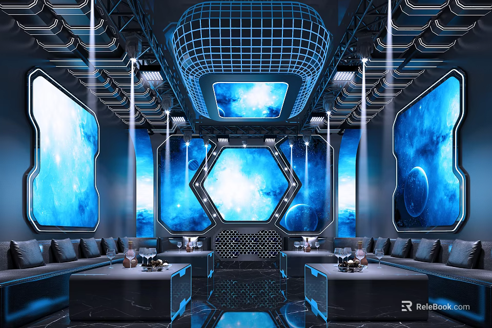 Modern KTV Interior With Starry Sky Theme Blue Lighting And Comfortable Sofas 3d model