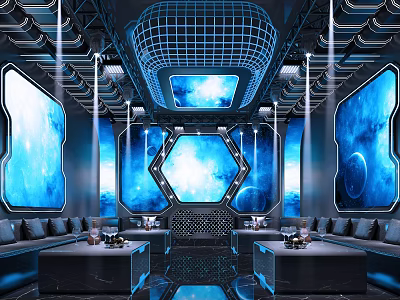 Modern KTV Interior With Starry Sky Theme Blue Lighting And Comfortable Sofas 3d model