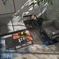 Modern Sofa And Coffee Table Set With Area Rug Decorative Art And Potted Plant