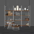 Multi Tiered Shelving Unit With Decorative Bottles Jars And Small Round Tables In Modern Space