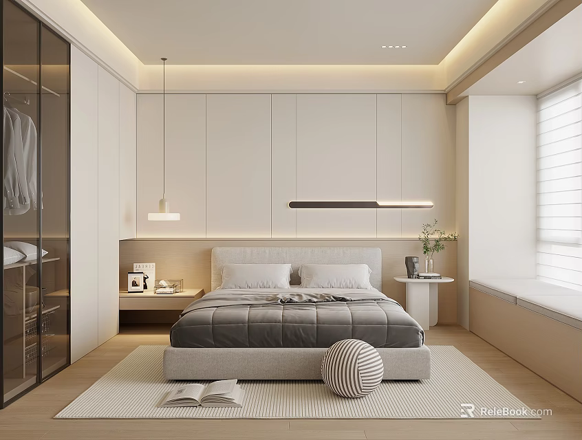 Modern Bedroom Interior Design With Glass Wardrobe White Pendant Light And Bedside Table 3d model 