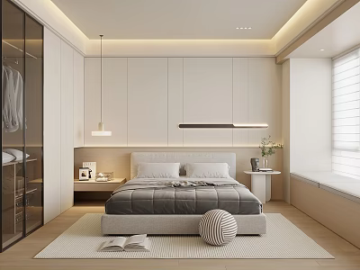 Modern Bedroom Interior Design With Glass Wardrobe White Pendant Light And Bedside Table 3d model