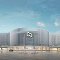 Modern STRIM Building Exterior With Hexagonal Logo And Illuminated Striped Curved Facade