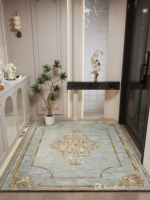 Elegant Modern Entryway Hallway Interior Design With Marble Countertop Green Plant And Decorative Rug 3d model 