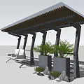 Modern Pergola Design With Wooden Slat Roof Bench Seating Planters Green Plants And Stone Accents
