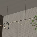Modern Linear Pendant Light With Circular Ring Design Above Perforated Wall And Green Plant