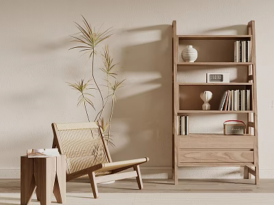 Minimalist Wooden Bookcase With Books Decorative Items Green Plant And Woven Chair In Room 3d model