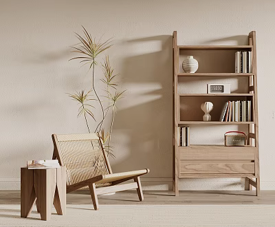 Minimalist Wooden Bookcase With Books Decorative Items Green Plant And Woven Chair In Room 3d model