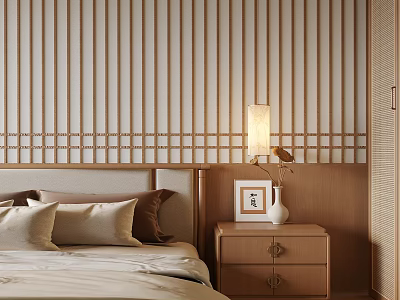 Modern Wooden Bedroom Nightstand With Table Lamp And Photo Frame Beside Bed 3d model