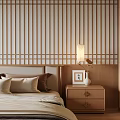 Modern Wooden Bedroom Nightstand With Table Lamp And Photo Frame Beside Bed