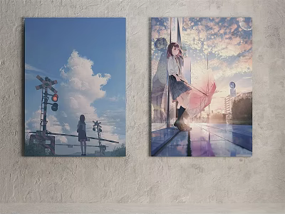Two Art Paintings On Wall With Blue Sky Clouds Girl Umbrella And Railroad Signal 3d model