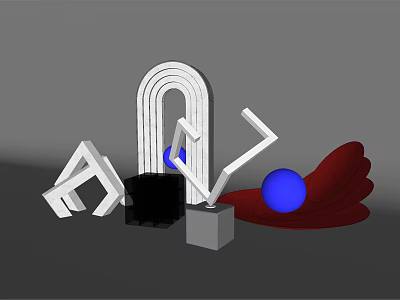 Decorative Ornament Set With White Arch Letters Black Cube Gray Base Blue Sphere Red Fan 3d model