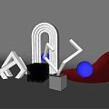 Decorative Ornament Set With White Arch Letters Black Cube Gray Base Blue Sphere Red Fan