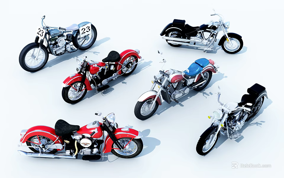 Classic Vintage Motorcycles Collection With Red Black And Chrome Design Styles 3d model 