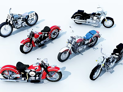 Classic Vintage Motorcycles Collection With Red Black And Chrome Design Styles 3d model
