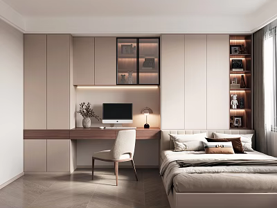 Modern Tatami Bedroom Interior With Desk Computer Lamp And Storage Cabinets 3d model
