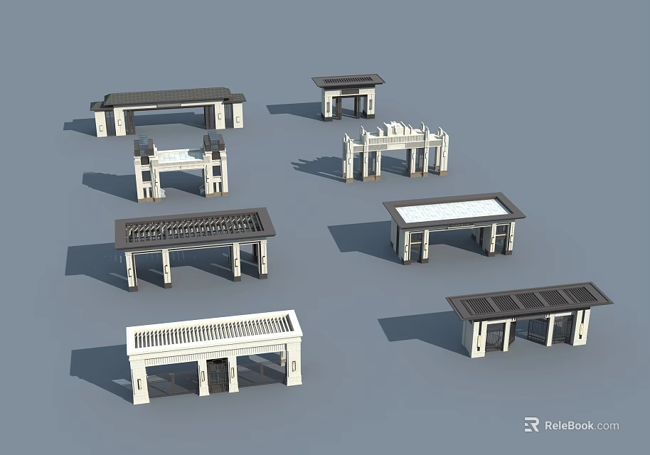 Entrance Gate Designs With Various Roof Structures Columns and Decorative Elements 3d model