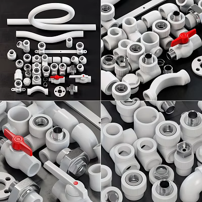 White PVC Plumbing Pipe Fittings With Elbows Tees Valves And Red Handle Connectors 3d model