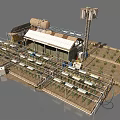 Rural Farm Landscape With White Sheds Metal Frames Dirt Ground And Water Tanks