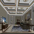 Elegant Office Interior with Ornate Gold Ceiling Light Patterned Walls and Brown Sofa