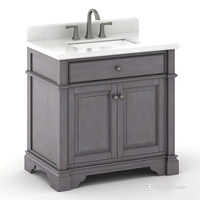 Classic Wooden Bathroom Vanity With White Countertop Drawer Faucet And Storage Cabinets 3d model 
