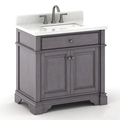 Classic Wooden Bathroom Vanity With White Countertop Drawer Faucet And Storage Cabinets 3d model