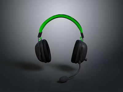 Computer Gaming Headphones With Black Ear Cups Green Headband And Microphone 3d model