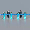 Blue Stanchion Line With Logo Flower Arrangements And Men In Suits