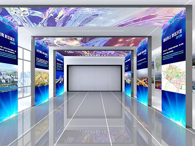 Exhibition Hall Interior With Blue Background Light Strips And Display Boards At Entrance 3d model