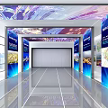 Exhibition Hall Interior With Blue Background Light Strips And Display Boards At Entrance
