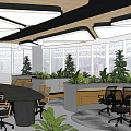 Modern Office Lounge Area With Large Windows Green Plants And Round Meeting Table