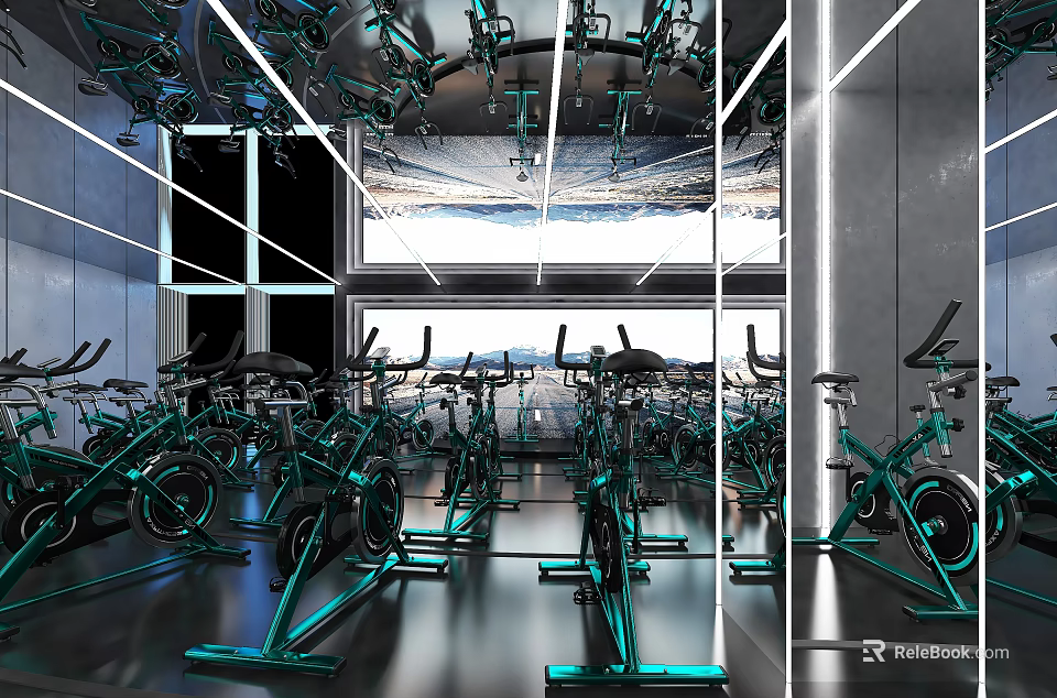 Modern Fitness Gym With Spin Bikes Spacious Workout Space And Bright Windows 3d model 