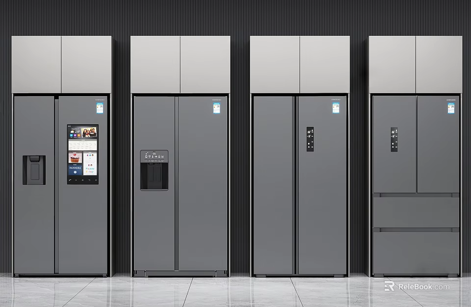 Four Modern Gray Upright Refrigerators And Freezers With Different Styles And Sleek Design 3d model 
