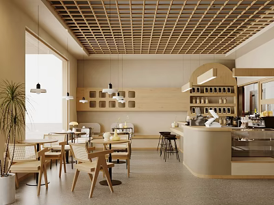 Modern Wooden Milk Tea Shop Interior With Open Bar Tables Chairs And Hanging Lights 3d model
